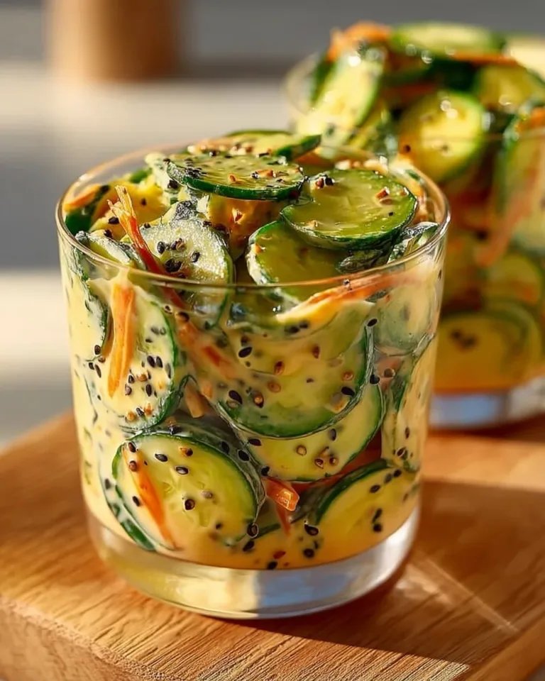 Salade de concombre asiatique crémeuse servie dans un bol coloré.