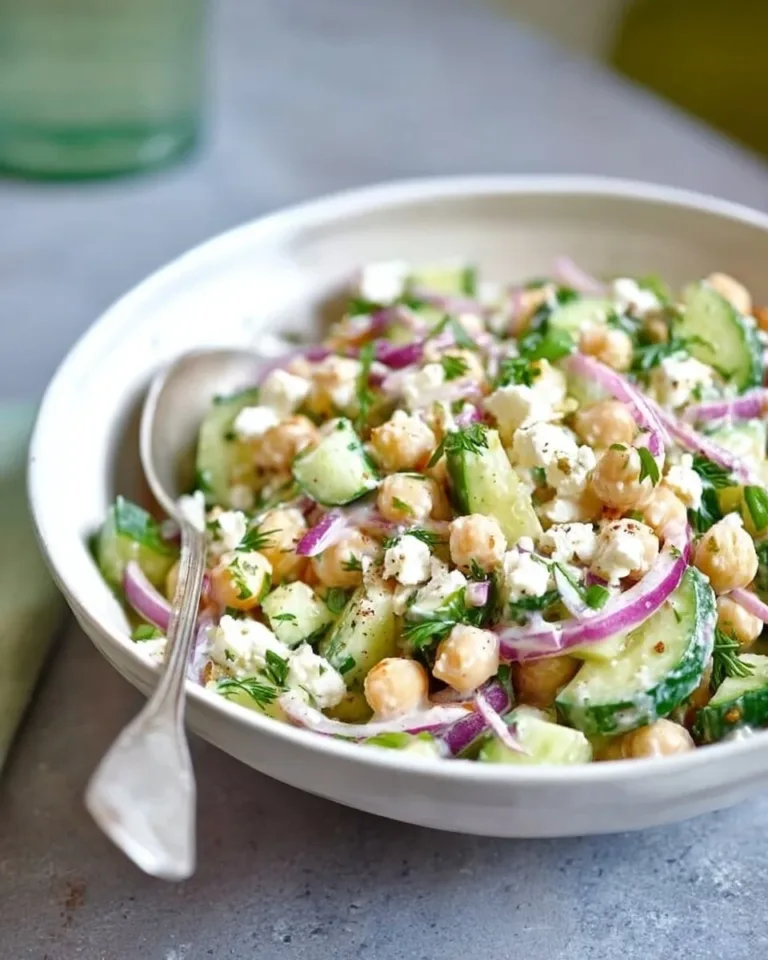 Salade de pois chiches avec concombre et feta servie dans un bol.