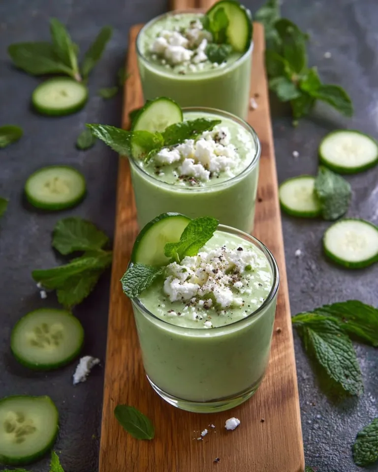 Soupe de concombre menthe et fêta servie dans un bol blanc
