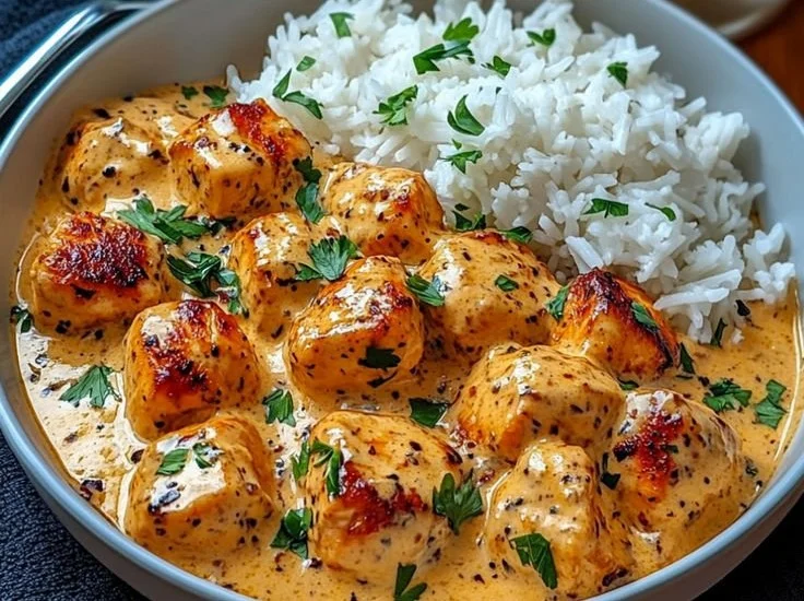 Poulet crémeux avec du riz fondant dans une assiette délicieuse