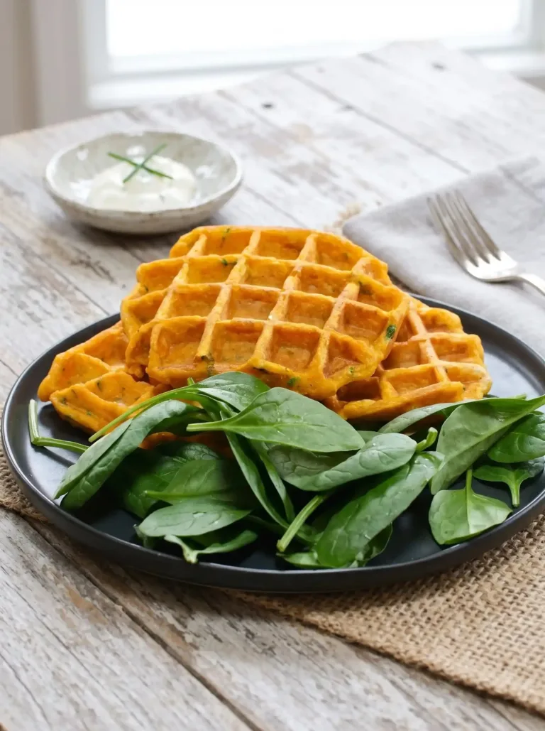 Gaufres de patate douce dorées sur une assiette avec des garnitures