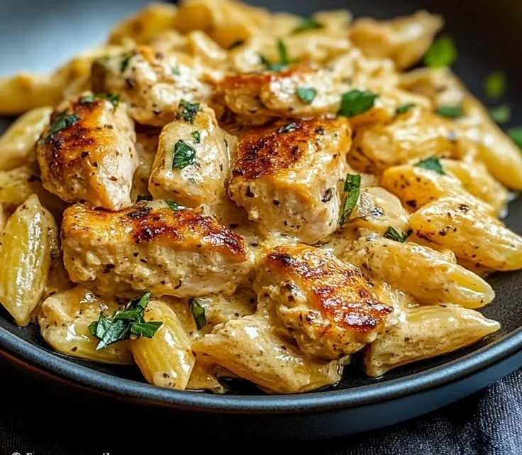Pâtes au poulet crémeuses servies dans une assiette élégante