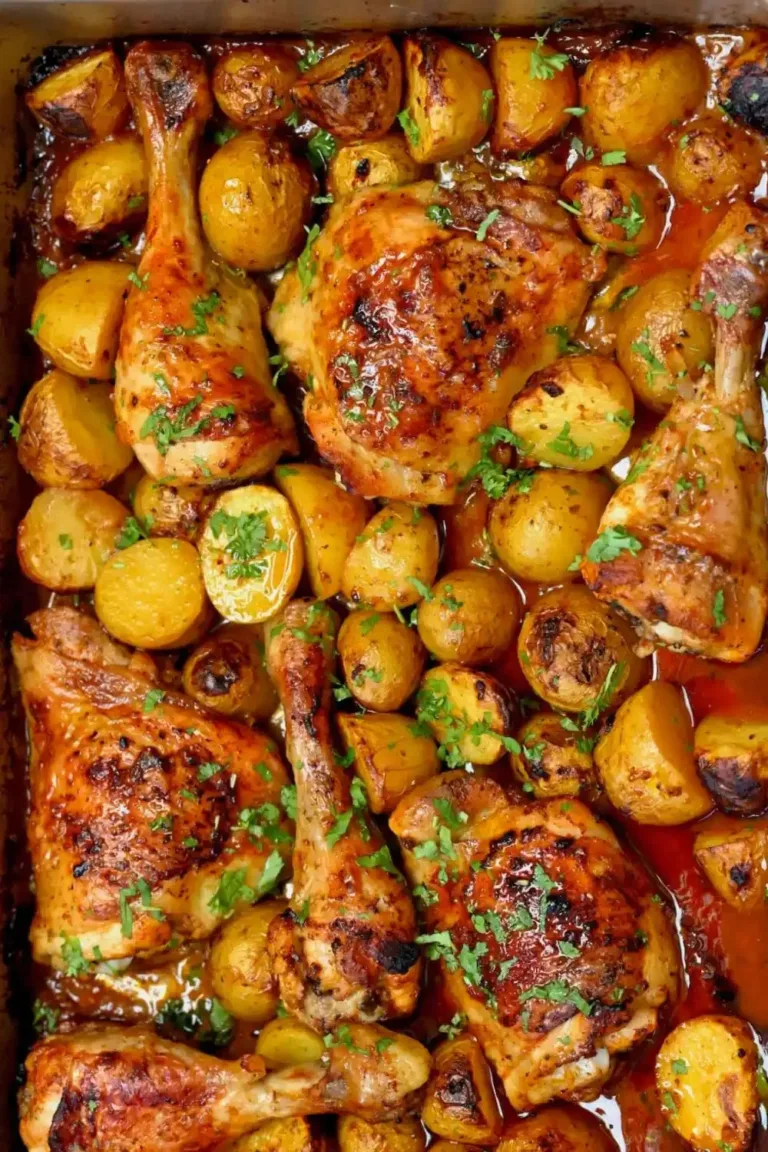 Poulet et pommes de terre cuits en une seule poêle pour un plat savoureux.