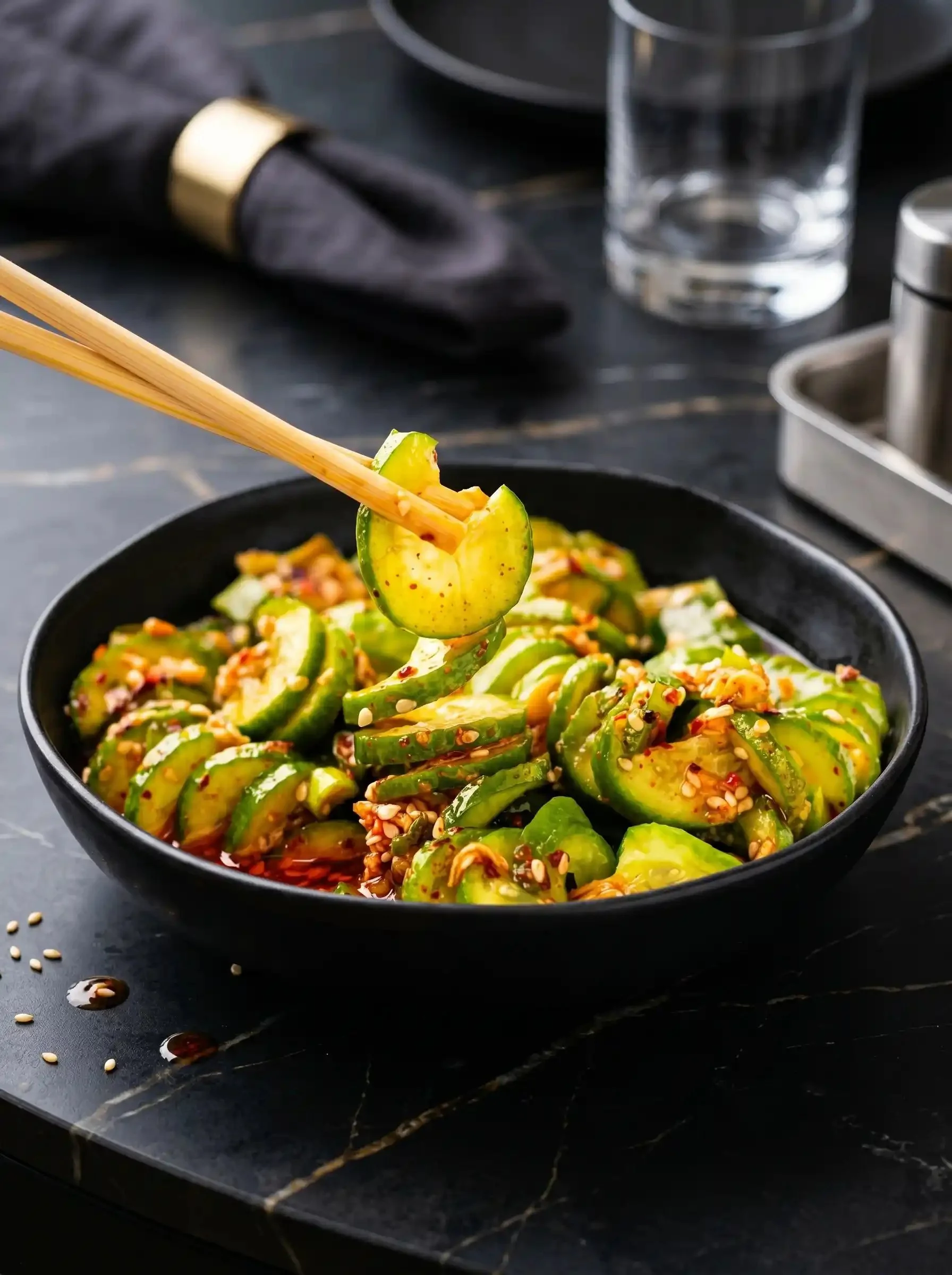 Salade de concombre coréenne Tik Tok - Salade de concombre épicée asiatique | Salade brésilienne de concombre, salade japonaise sans cuisson, recette de concombre asiatique
