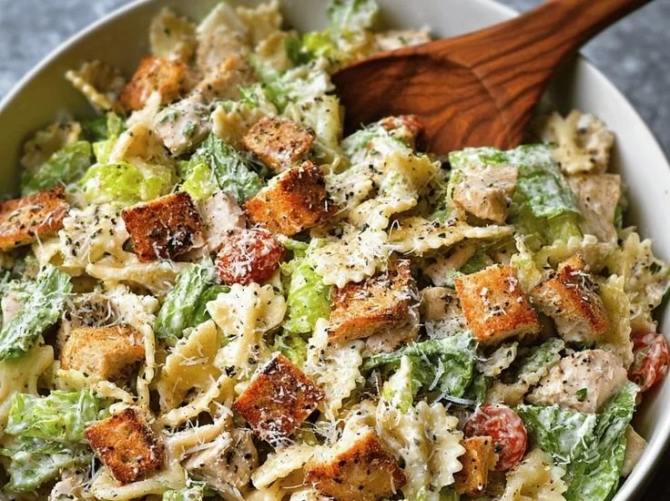 Salade de pâtes César au poulet avec laitue, croutons et sauce crémeuse