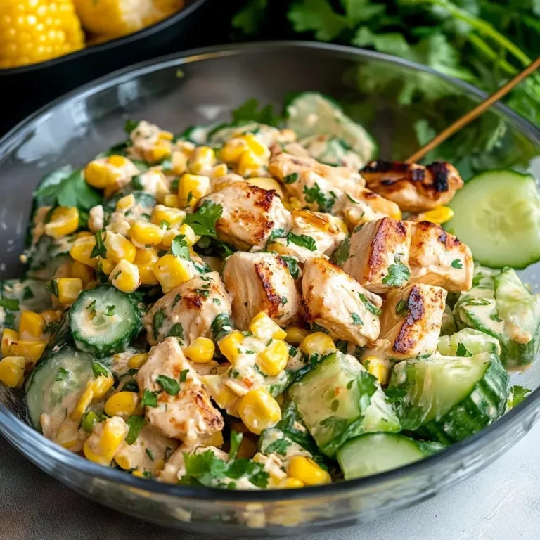 Salade de poulet crémeuse au maïs servie dans un bol.