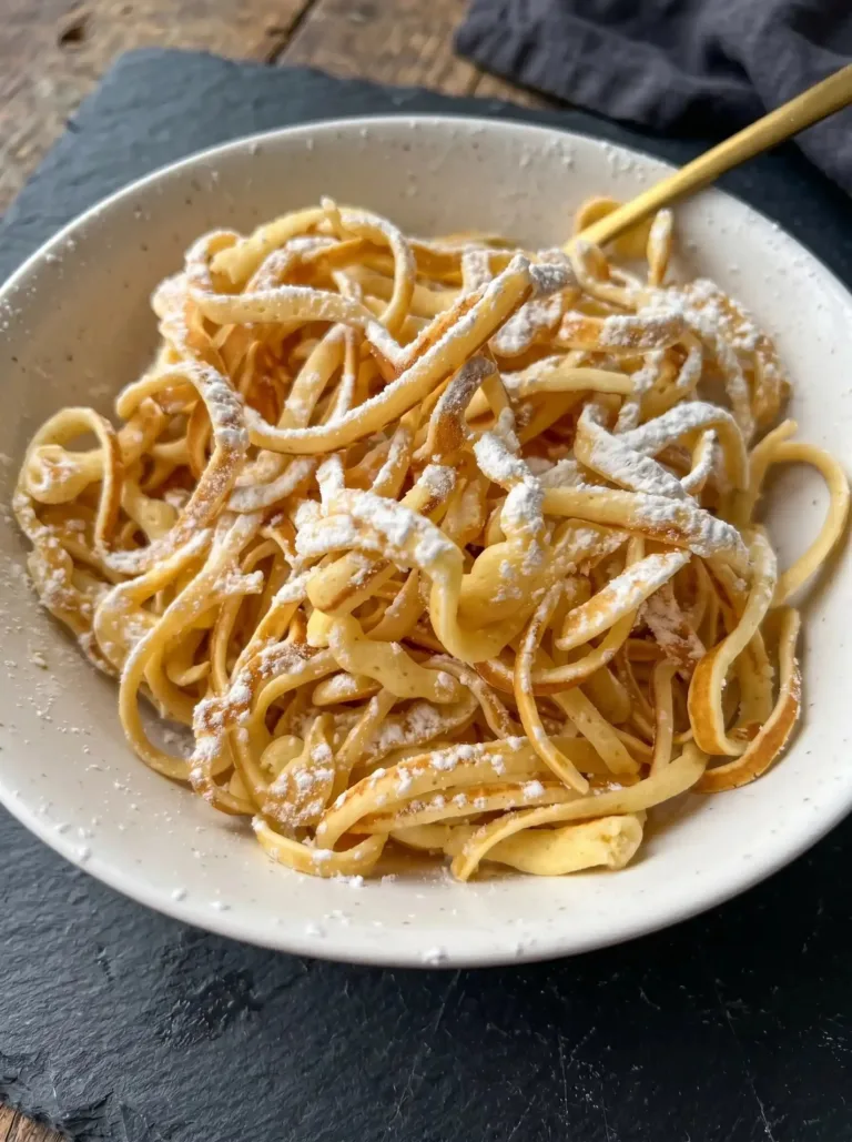 Spaghetti de Crêpes présentés dans un assiette garnie