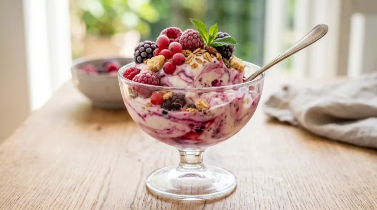 Glace minute au fromage blanc et fruits rouges servie en coupe, décorée de fruits rouges frais et de granola sur une table en bois.