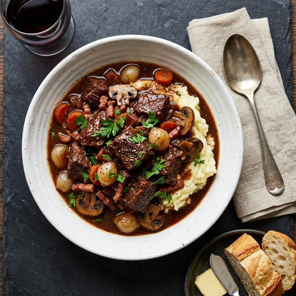 Boeuf bourguignon traditionnel servi dans bol blanc profond sur ardoise avec purée de pommes de terre