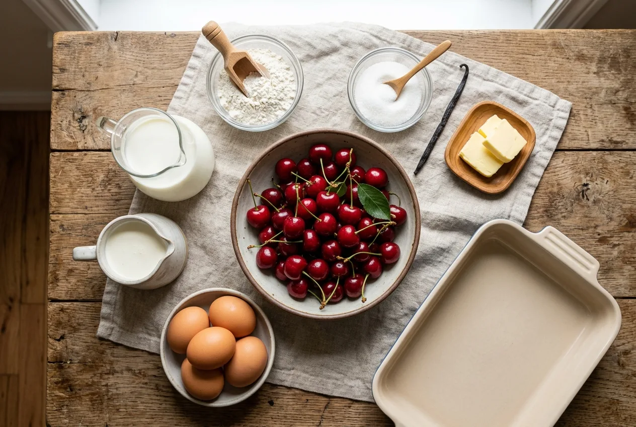 Ingrédients pour la recette du clafoutis aux cerises griottes : cerises rouges, lait, crème, oeufs, farine, sucre, vanille, beurre