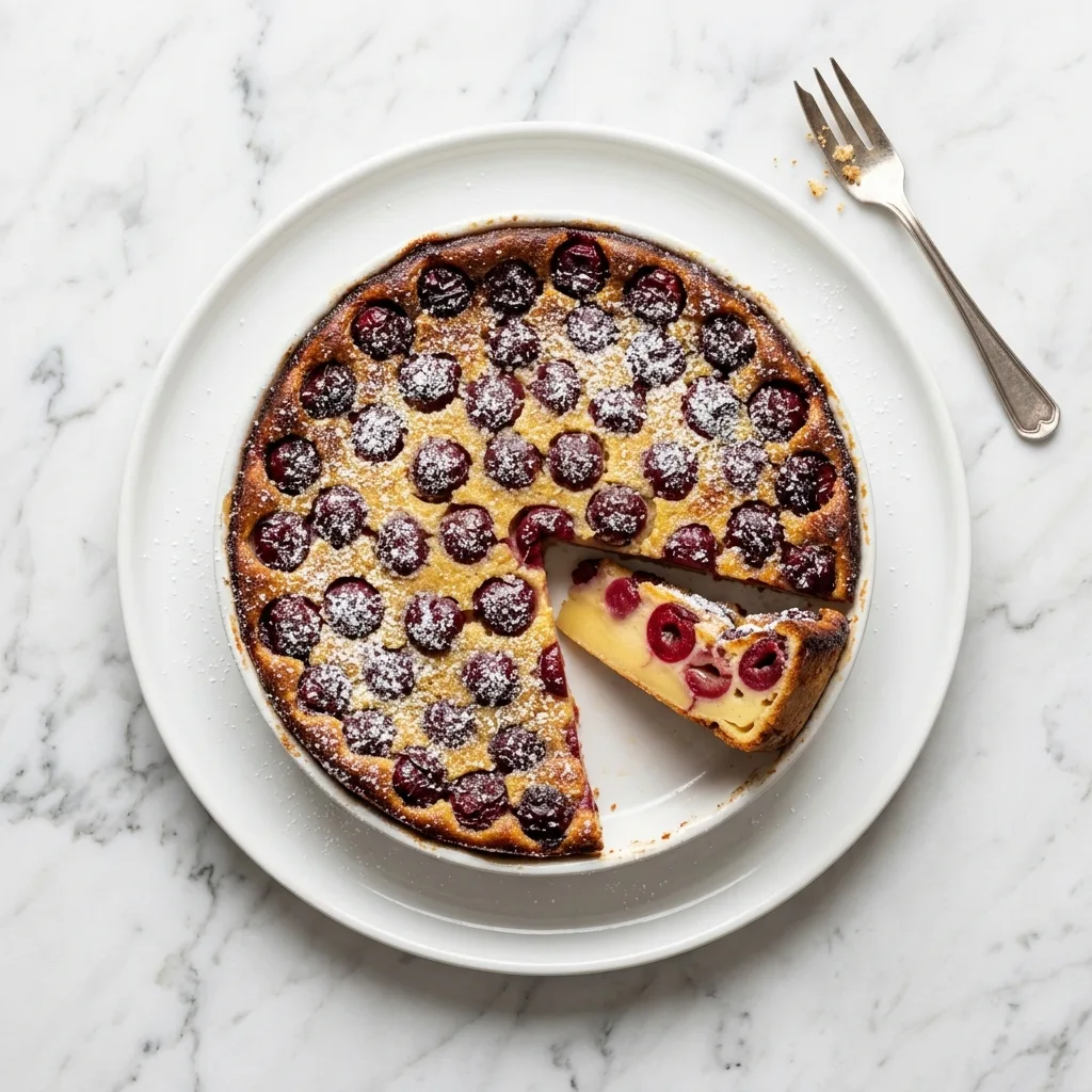 Clafoutis aux cerises tranché vue de dessus, cerises rouges apparentes, sucre glace sur assiette blanche