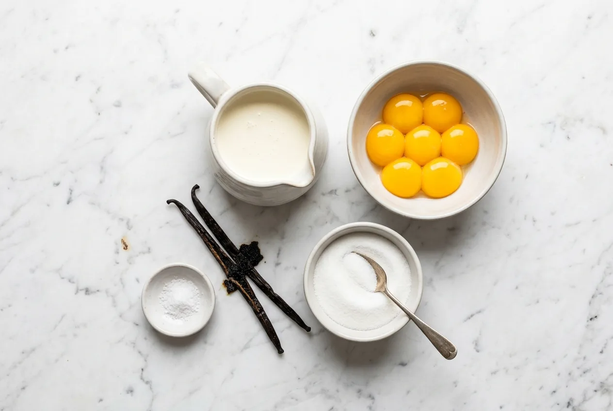 Ingrédients pour la crème brûlée vanille bourbon : crème entière, jaunes d'oeufs, sucre, gousses de vanille bourbon