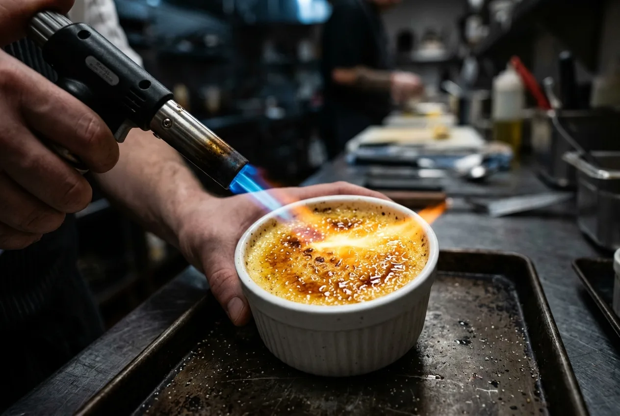 Caramélisation de la crème brûlée vanille bourbon au chalumeau de cuisine, flamme bleue et orange
