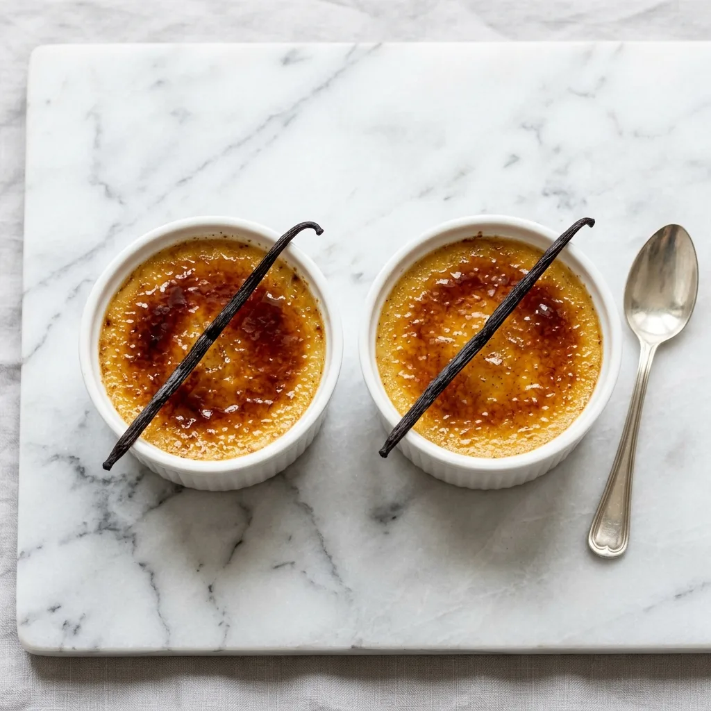 Crème brûlée vanille bourbon vue de dessus sur marbre blanc avec gousses de vanille
