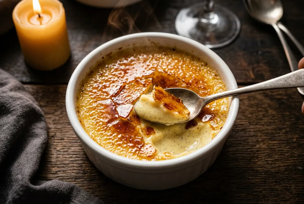 Crème brûlée vanille bourbon craquante dans ramequin blanc, caramel doré craquelé par une cuillère