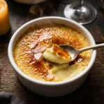 Crème brûlée vanille bourbon craquante dans ramequin blanc, caramel doré craquelé par une cuillère