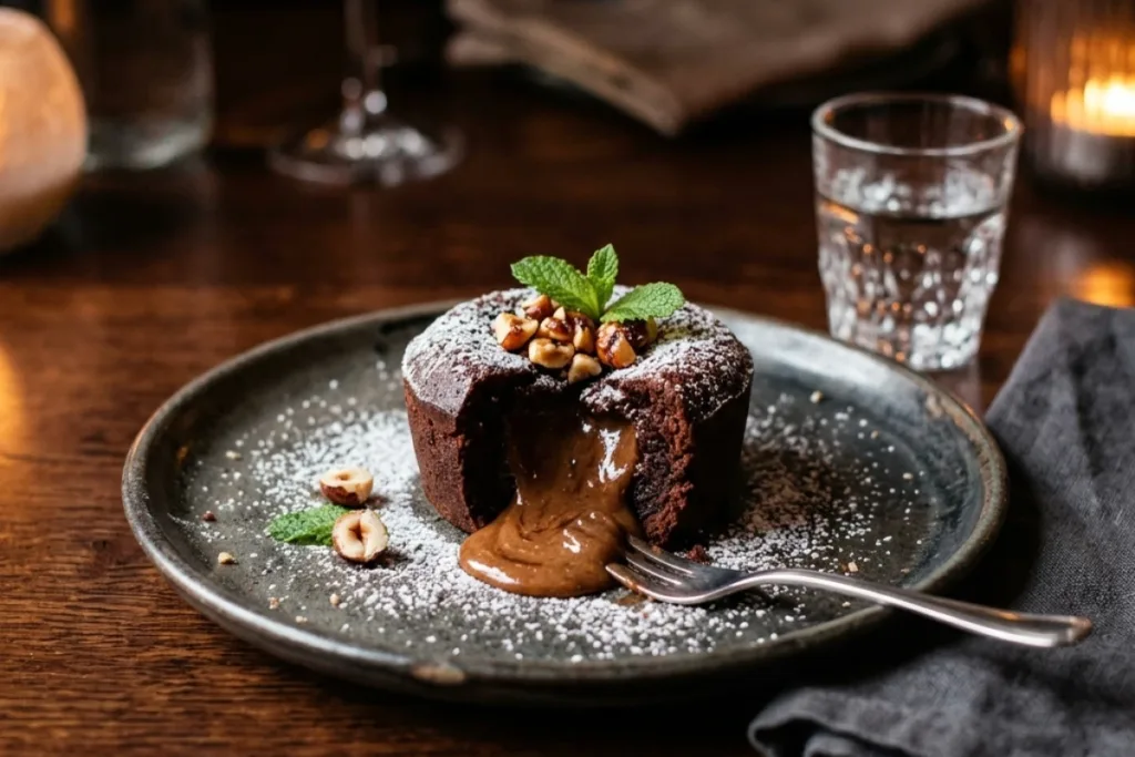 Fondant au chocolat coeur praliné avec sucre glace