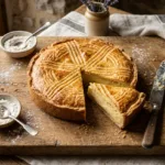 Gâteau Basque crème pâtissière tranché sur planche bois, croix basque dorée, fourrage crème vanille visible