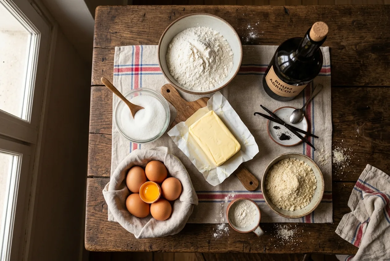 Ingrédients du gâteau Basque crème pâtissière : farine, beurre, oeufs, sucre, rhum, vanille, poudre d'amandes