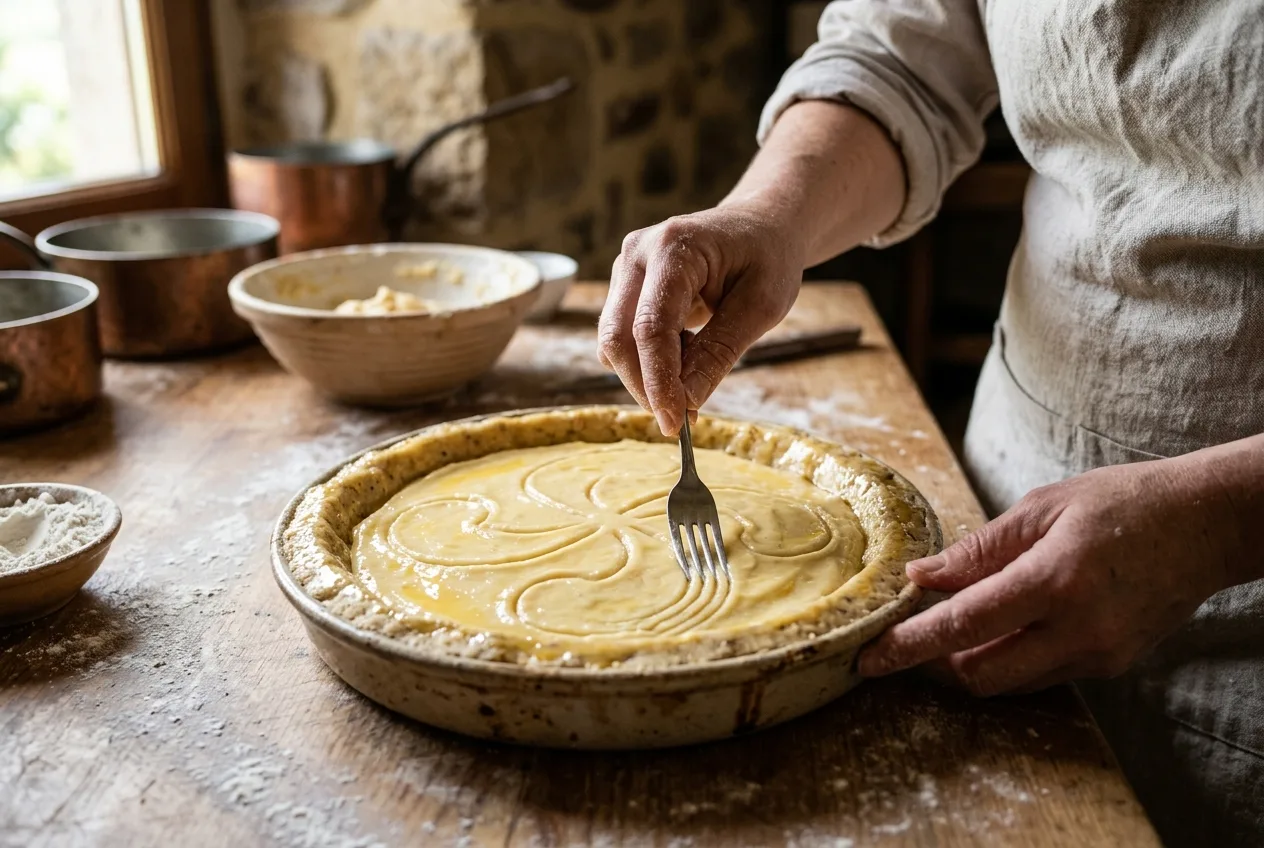 Tracé de la croix basque lauburu sur le gâteau Basque crème pâtissière avant cuisson à la fourchette