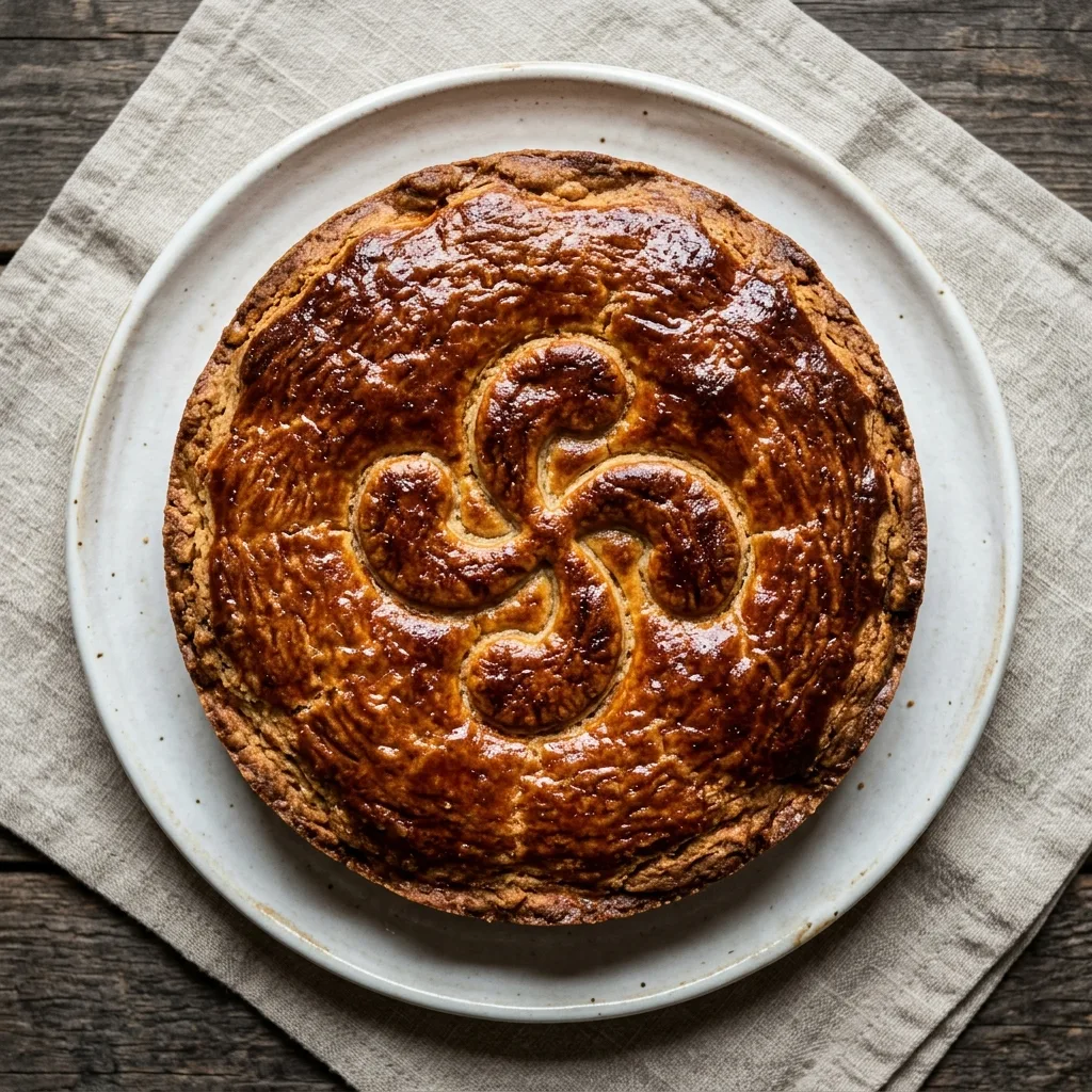 Gâteau Basque crème pâtissière entier vue de dessus avec lauburu basque