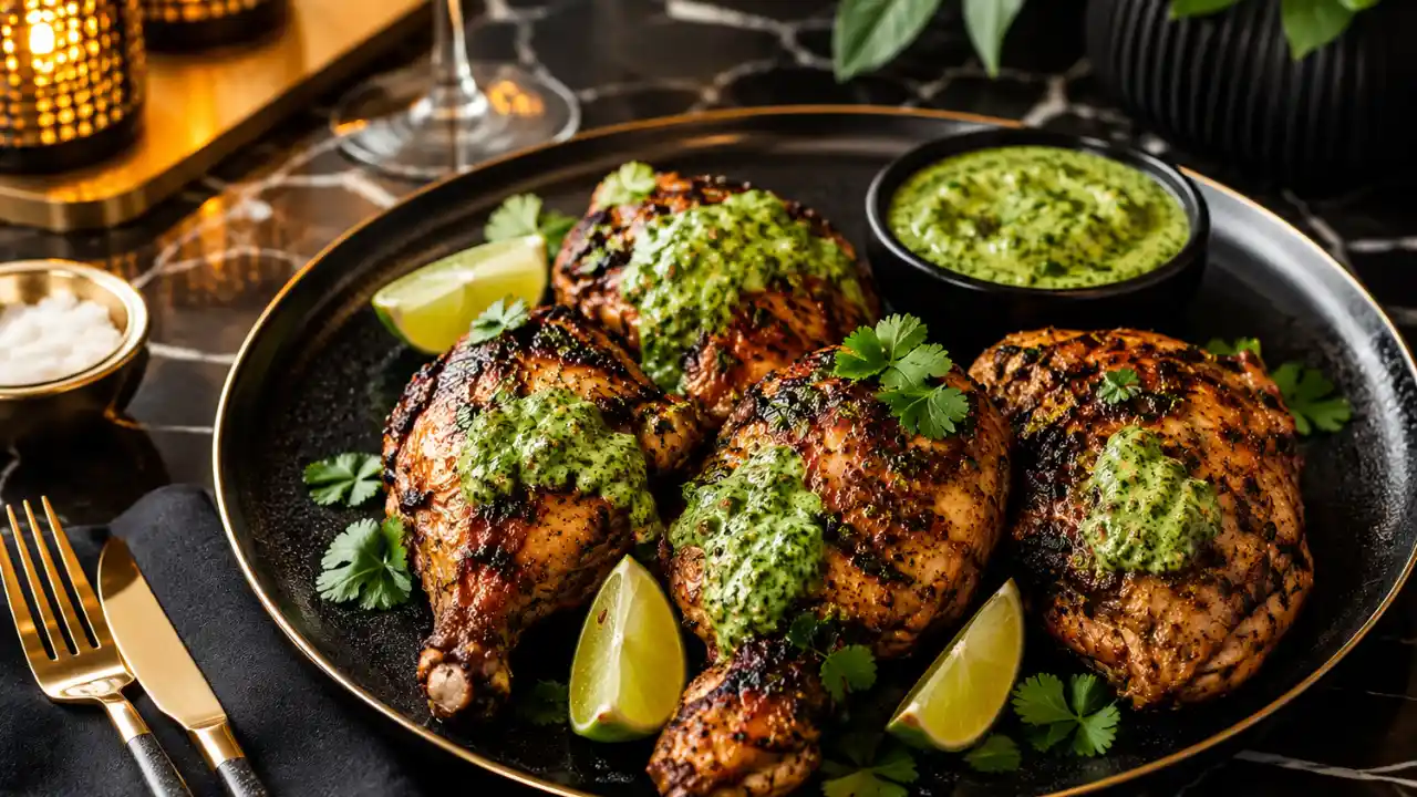 Poulet péruvien grillé et caramélisé, nappé de sauce verte aux herbes et servi avec des quartiers de citron vert sur une assiette noire élégante.