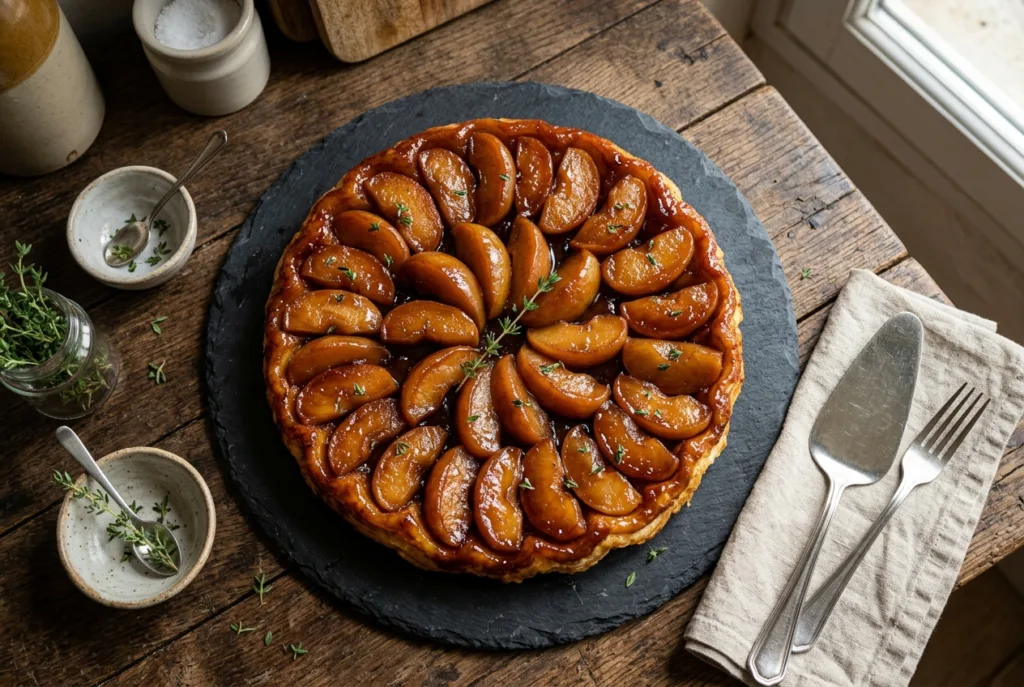 Tarte Tatin aux pommes caramélisées rosée dorée vue de dessus sur ardoise