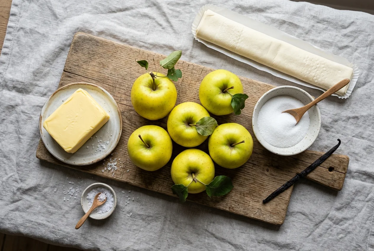 Ingrédients pour la tarte Tatin aux pommes : pommes Golden, beurre, sucre, vanille, pâte feuilletée