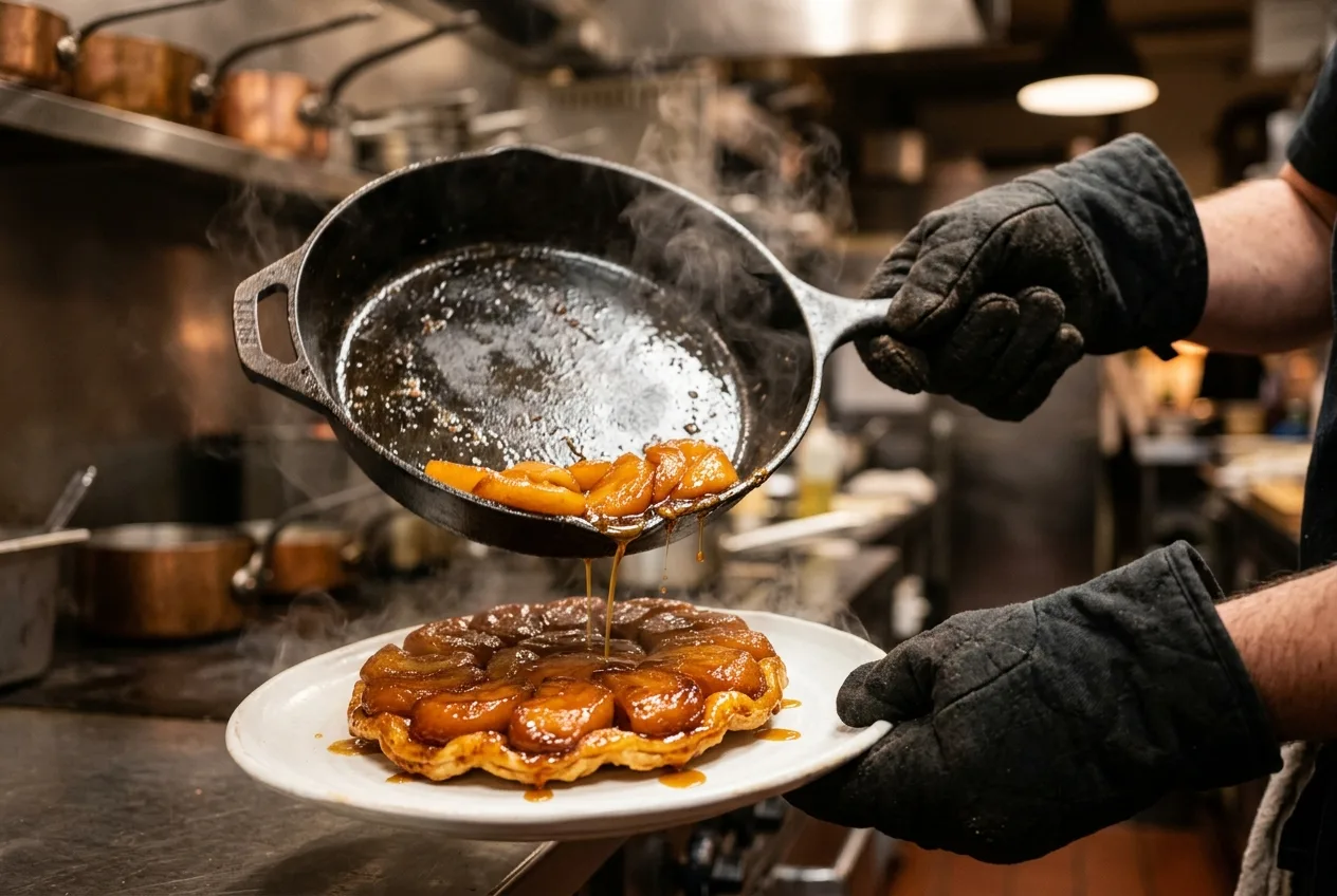 Étape du retournement de la tarte Tatin aux pommes depuis la poêle vers le plat de service