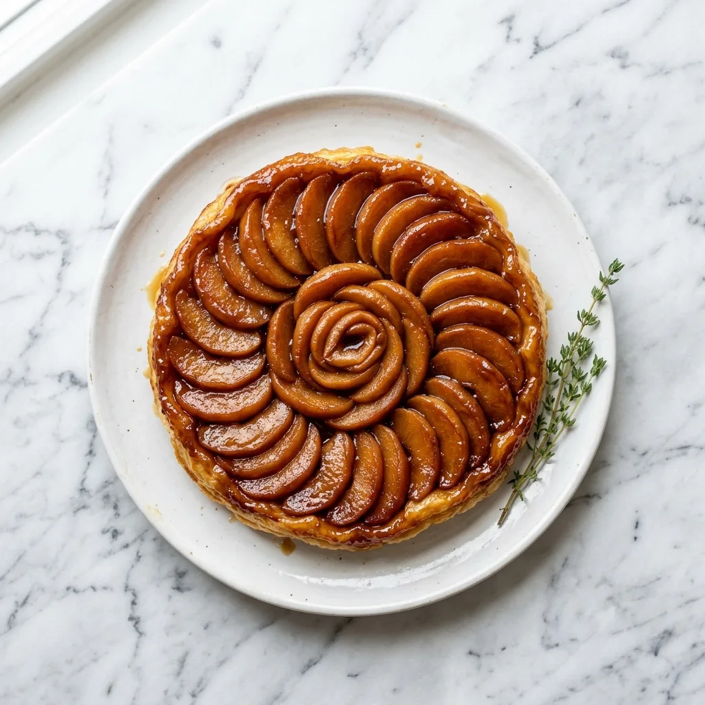 Tarte Tatin aux pommes vue de dessus sur assiette blanche marbre